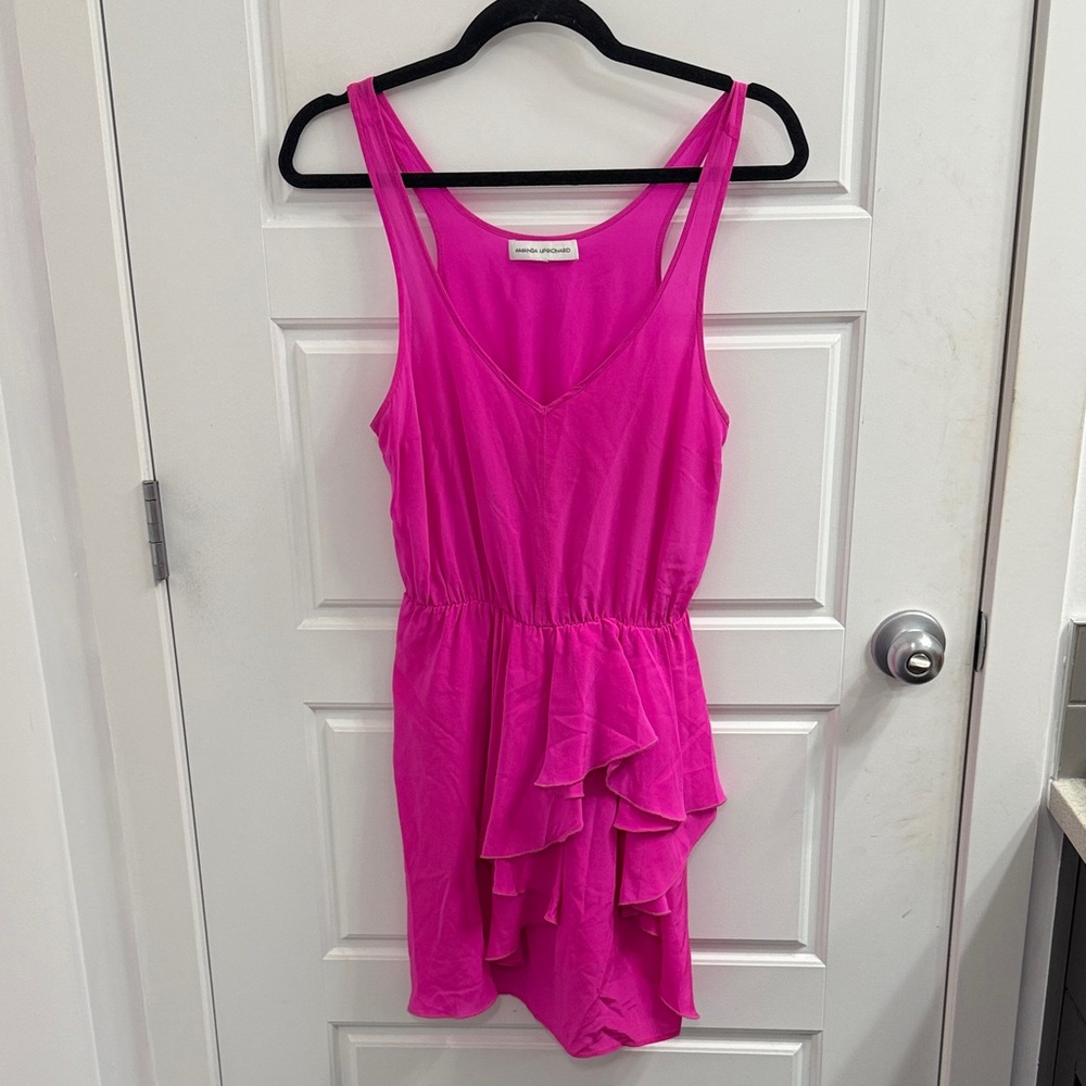 Amanda Uprichard Size Small Vibrant Pink Sleeveless‎ Ruffle Dress 100% Silk